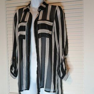 Reitmans black/off-white striped long sleeve button sheer blouse w/pockets XS/TP